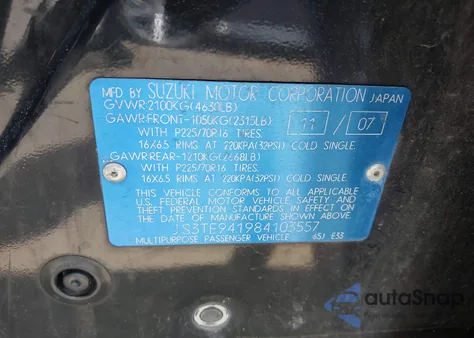 2008 Suzuki Grand Vitara Appearance/Appearance + from USA, damaged, VIN JS3TE941984103557